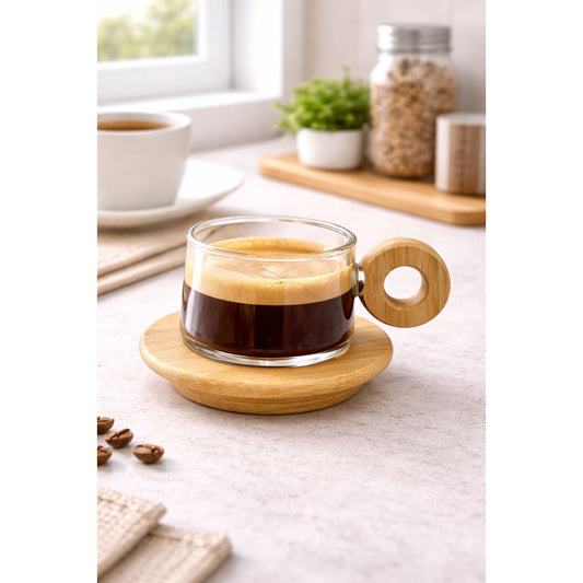 Modern Glass Coffee Cup with Wooden Ring Handle & Saucer - 70ml