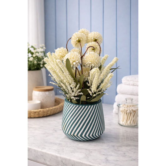 Artificial Cream Floral Arrangement in Striped Ceramic Pot -