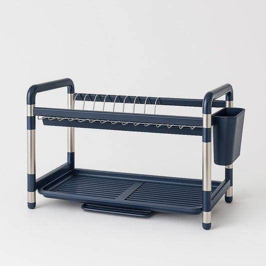 2-Tier Kitchen Dish Drying Rack with Utensil Holder - Dark Blue Plastic & Aluminum