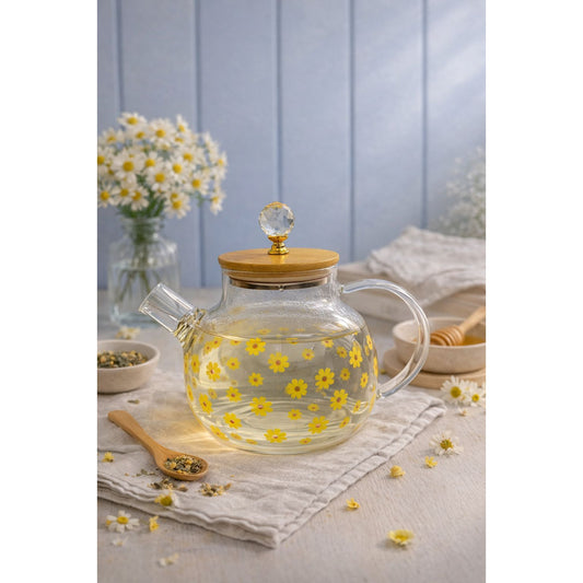 Yellow Floral Glass Teapot with Wooden Lid - 900ml