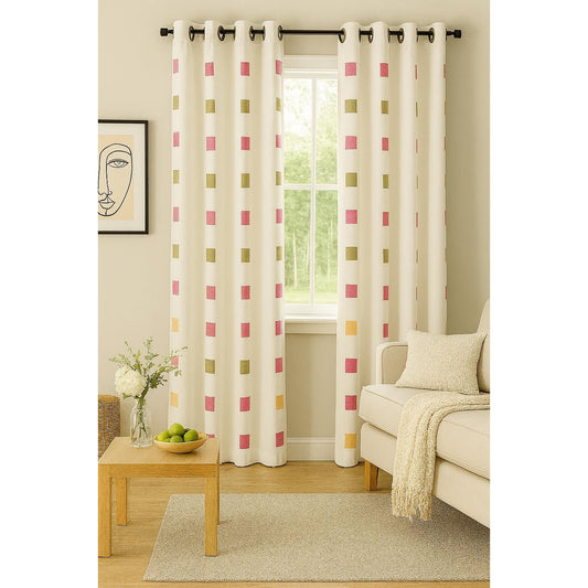 Beige Curtain with Colorful Squares Design - 140x265cm