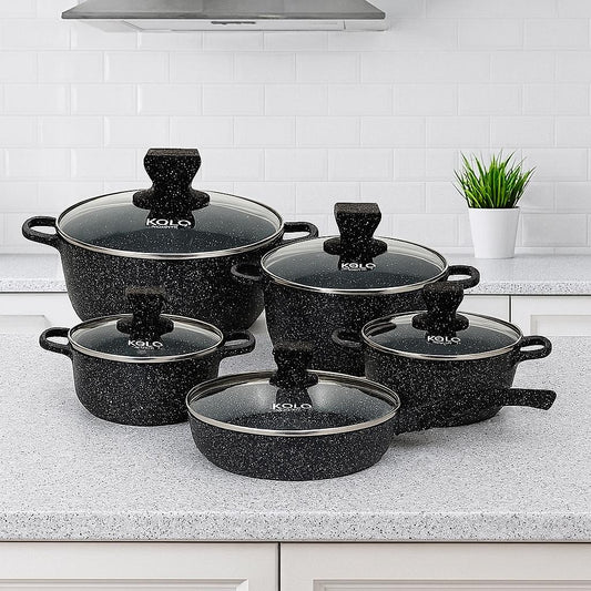 Premium Non-Stick Granite Cookware Set - 10pcs BLACK
