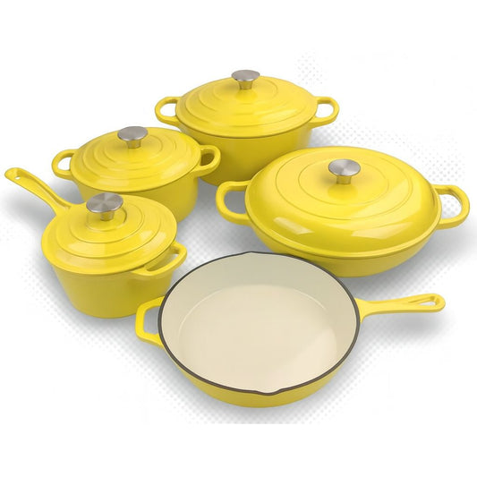 Dutch Oven Cast Iron Cookware Set Glossy Yellow - 9 PCS
