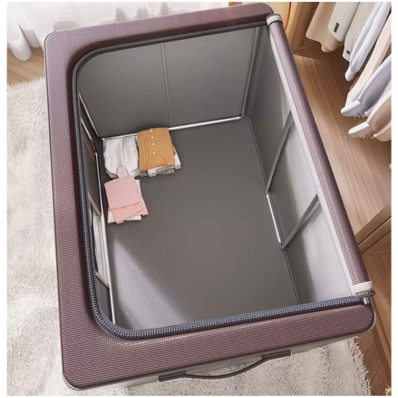 66L Foldable Fabric Storage Box with Zipper & Handles