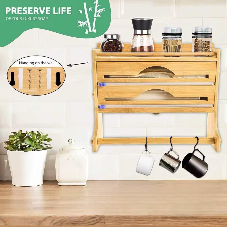 Bamboo Kitchen Organizer with Paper Towel Holder & Wrap Dispensers