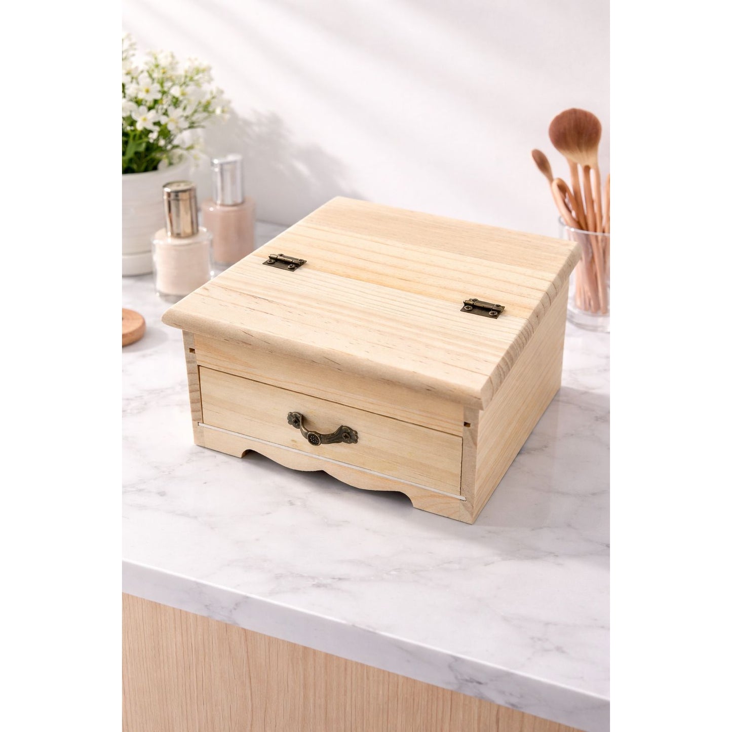 Wooden Makeup Organizer with Mirror & Drawer