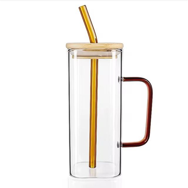 Glass Mug with Wooden Lid & Straw 400ml - Amber Color