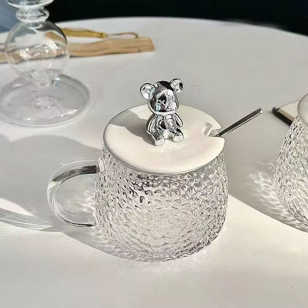 Textured Glass Mug with Bear Lid & Spoon
