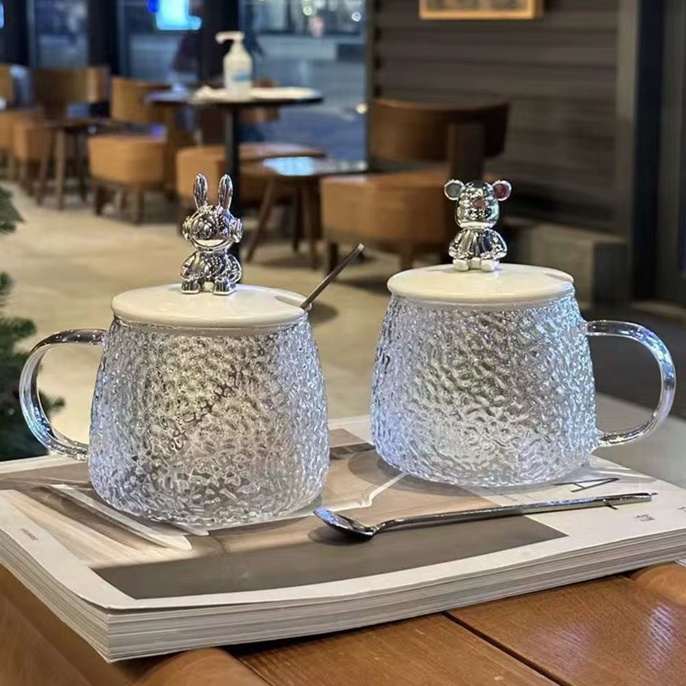 Textured Glass Mug with Bear Lid & Spoon