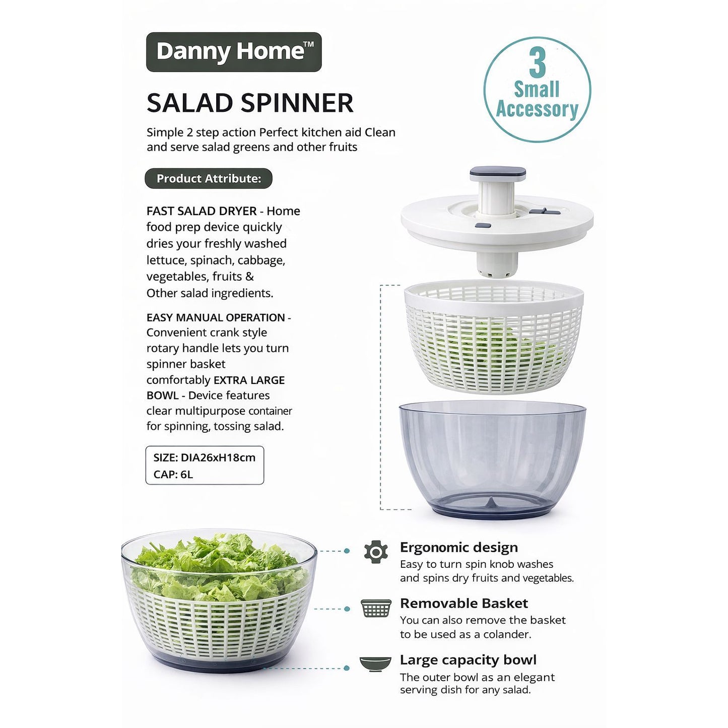 DANNY HOME Premium Salad Spinner with Quick spin Handle