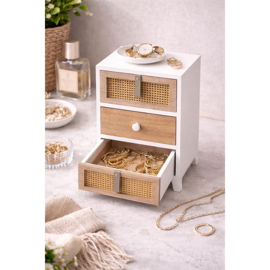 3-Drawer Wooden Jewelry Organizer with Rattan Detail