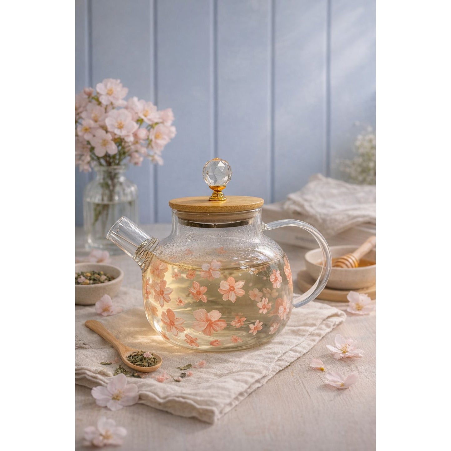 Pink Floral Teapot with Wooden Lid & Side Handle - 900ml