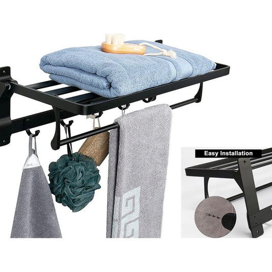 Wall-Mounted Towel Rack with Hooks - Folding Bathroom Shelf Organizer