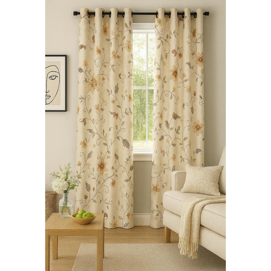Beige Curtain with Flower Design - 140x265cm