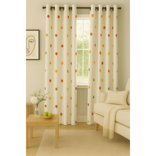 Beige Curtain with Small Colorful Flowers - 140x265cm