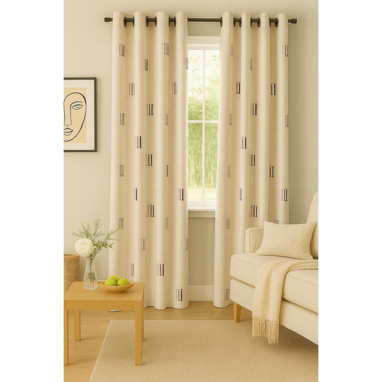 Beige Curtain with Purple Lines Design - 140x265cm