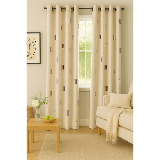 Beige Curtain with Purple Lines Design - 140x265cm