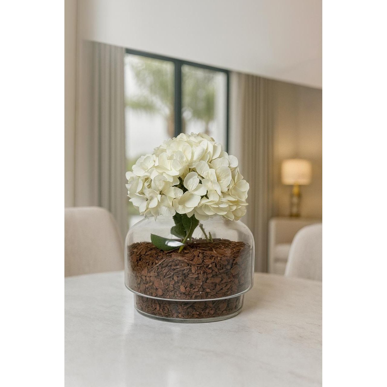 Artificial Hydrangea in Glass Vase with Decorative Base