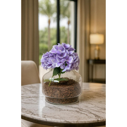Artificial Purple Hydrangea in Glass Vase with Decorative Base