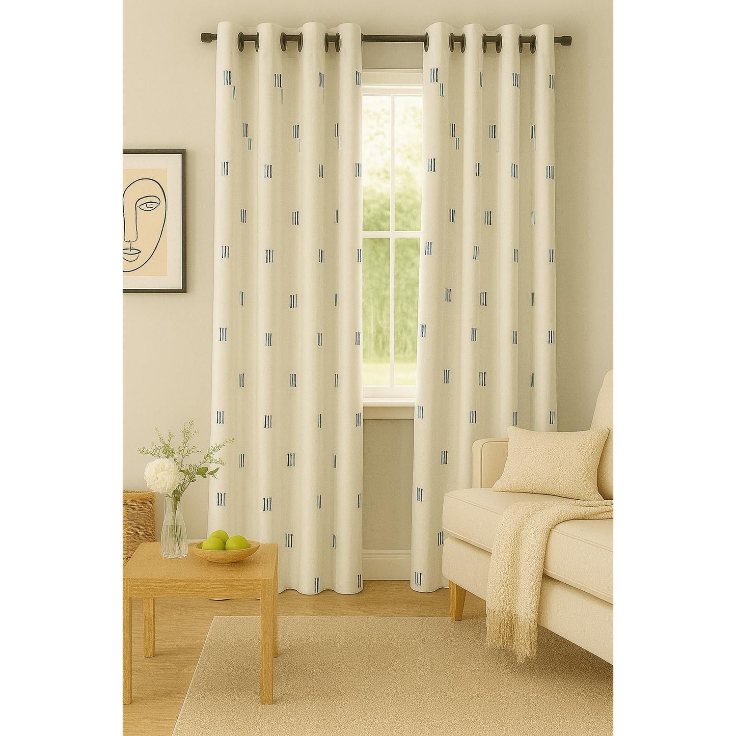 Beige Curtain with Blue Lines Design - 140x265cm