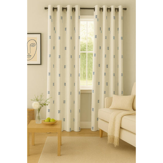 Beige Curtain with Blue Lines Design - 140x265cm