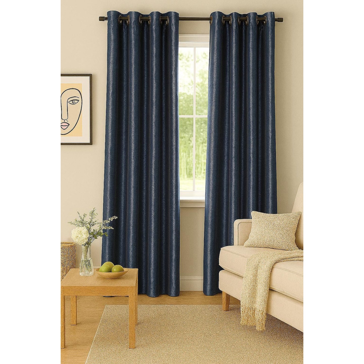 Blue Curtain with Grey Lines Design - 140x265cm