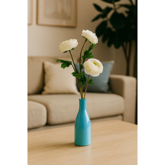 White Ranunculus in Turquoise Vase