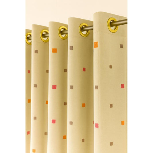 Beige Window Curtain with Colorful Square Pattern – Grommet Top Panel