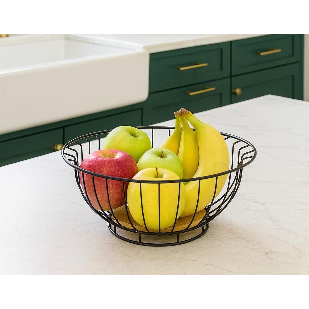 Metal Fruit Basket with Wooden Base