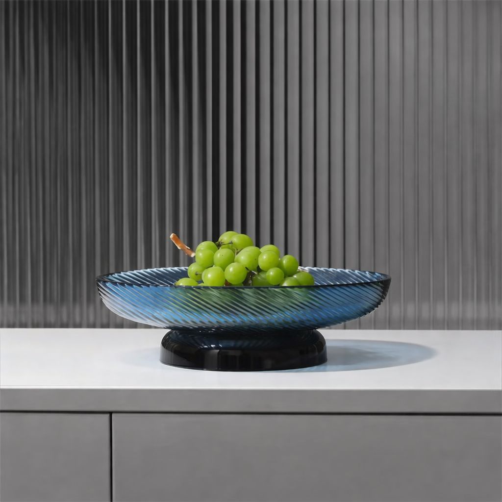 Modern Blue Glass Fruit Bowl with Pedestal Base