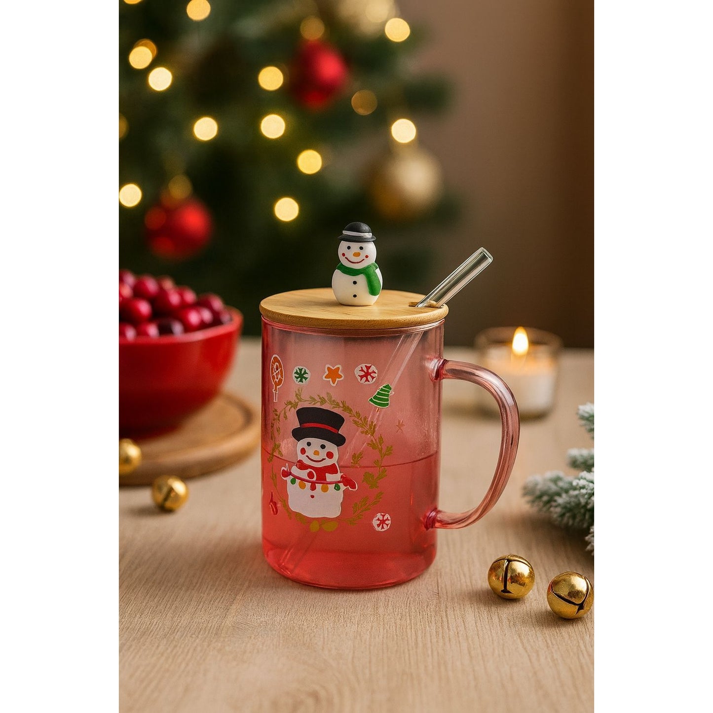 Christmas Snow Man Glass Mug - With Lid & Straw - 400ml