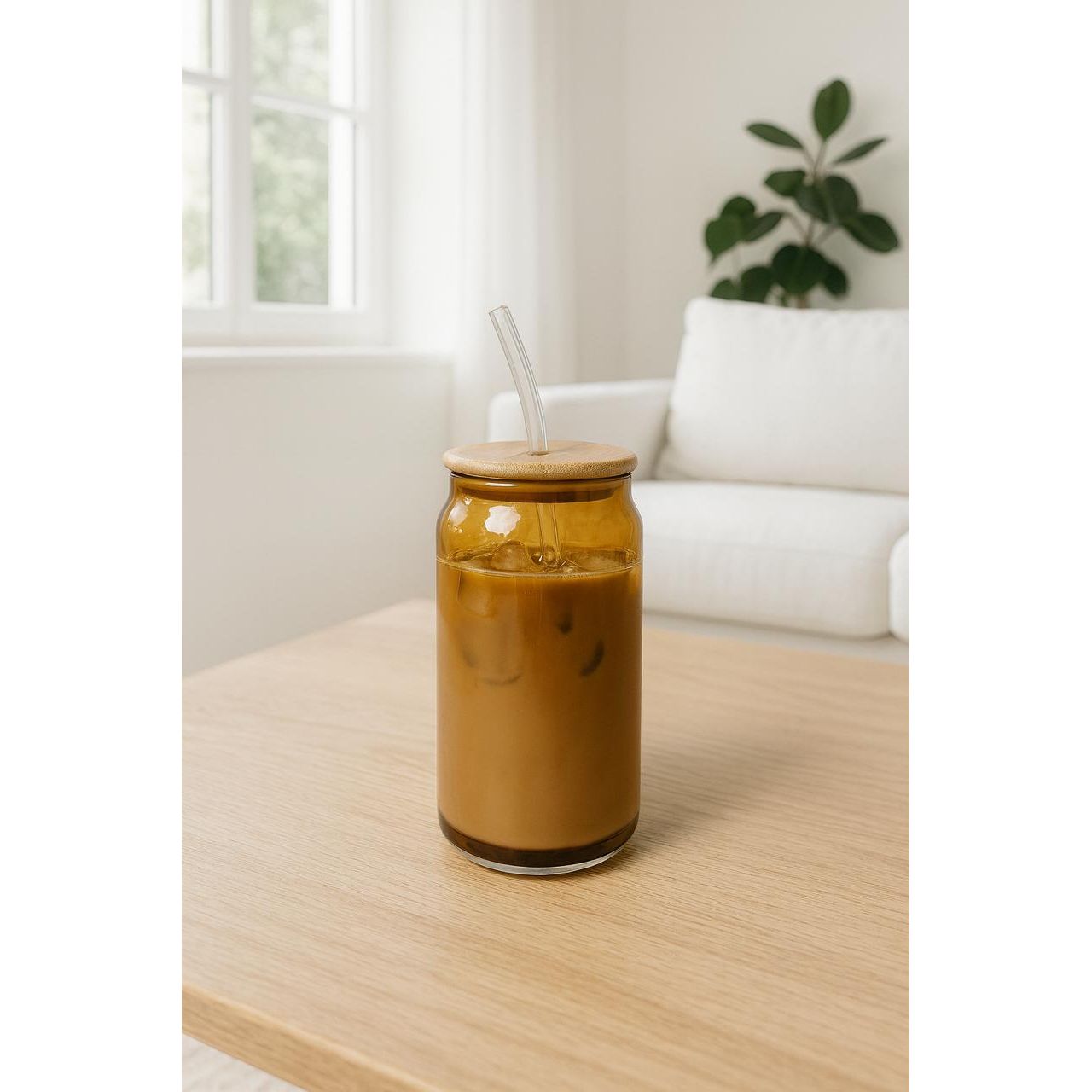 Amber Glass Cup with Bamboo Lid & Glass Straw – Eco-Friendly Drinkware