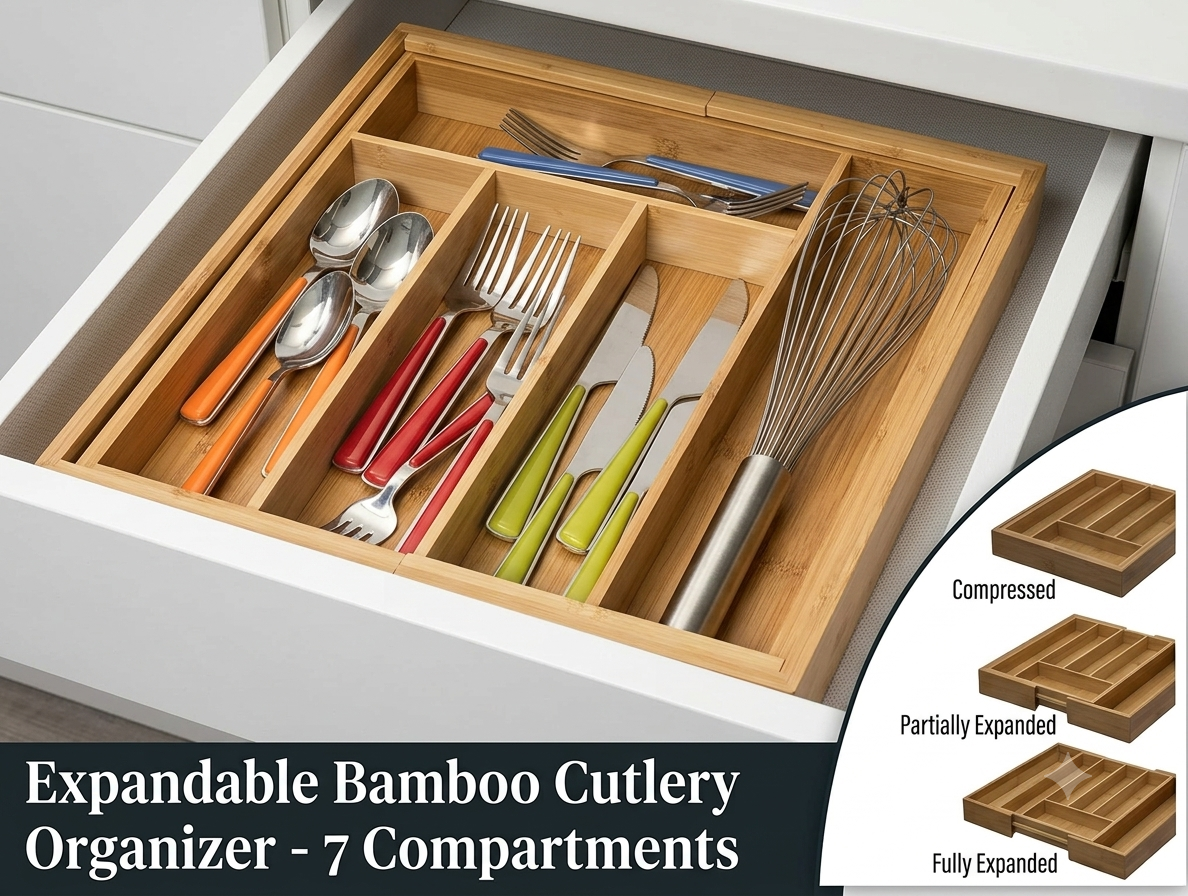 Expandable Bamboo Cutlery Drawer Organizer - 7 Compartments