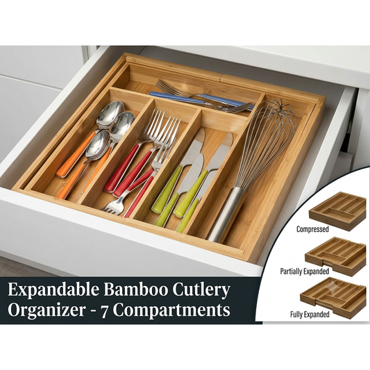 Expandable Bamboo Cutlery Drawer Organizer - 7 Compartments