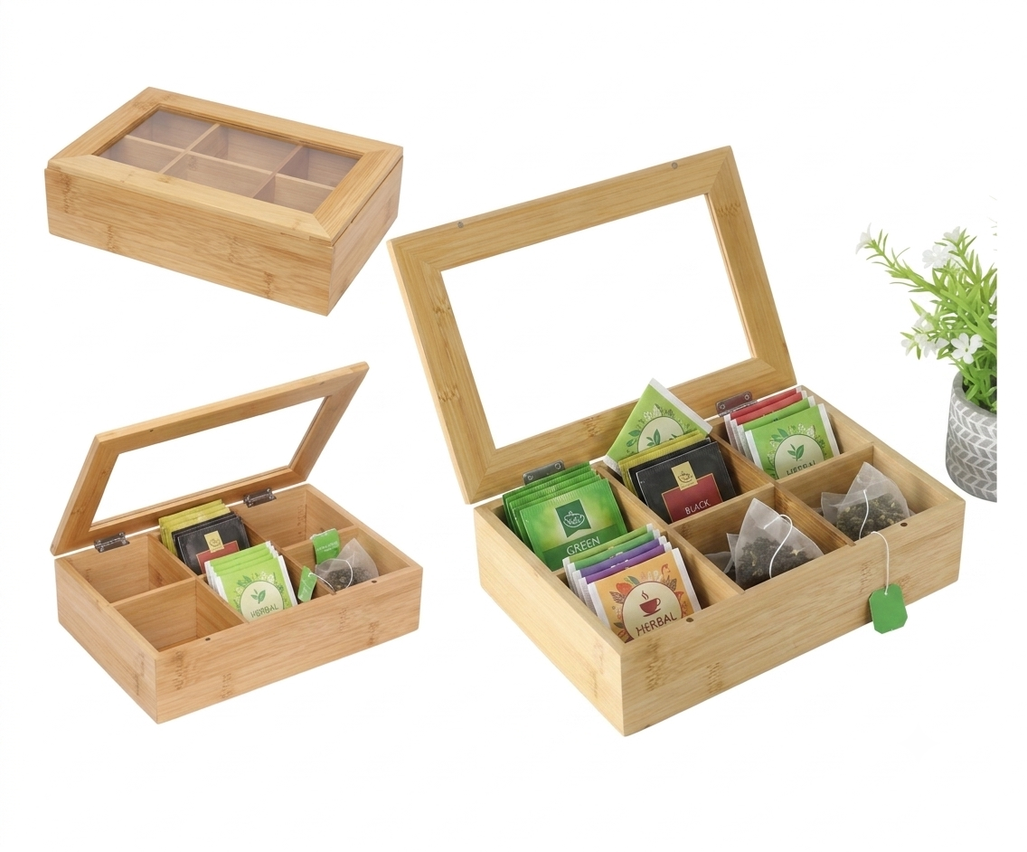 Bamboo Tea Storage Box with Glass Lid Organizer