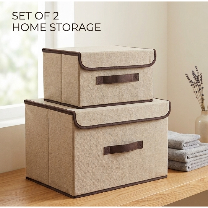 Set of 2 Foldable Fabric Storage Boxes with Lids