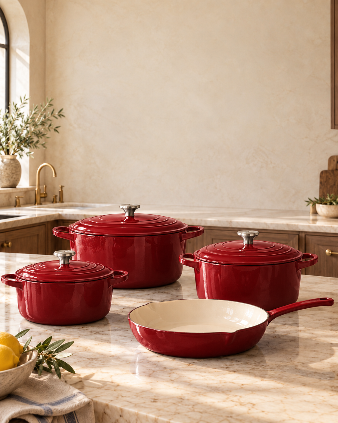 Rich red enamelled cast iron cookware set on a marble island in a luxurious warm ivory kitchen
