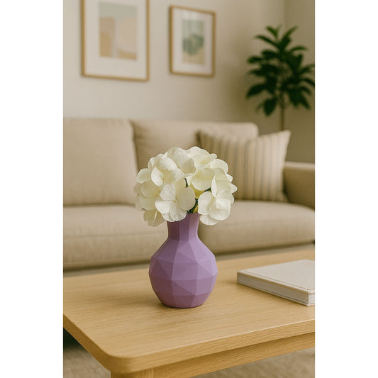 White Hydrangea in Geometric Purple Vase