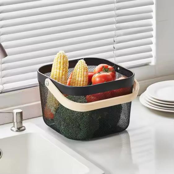 Black Fruit Basket with Wooden Handle