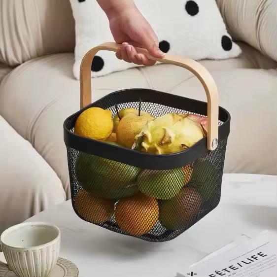 Black Fruit Basket with Wooden Handle