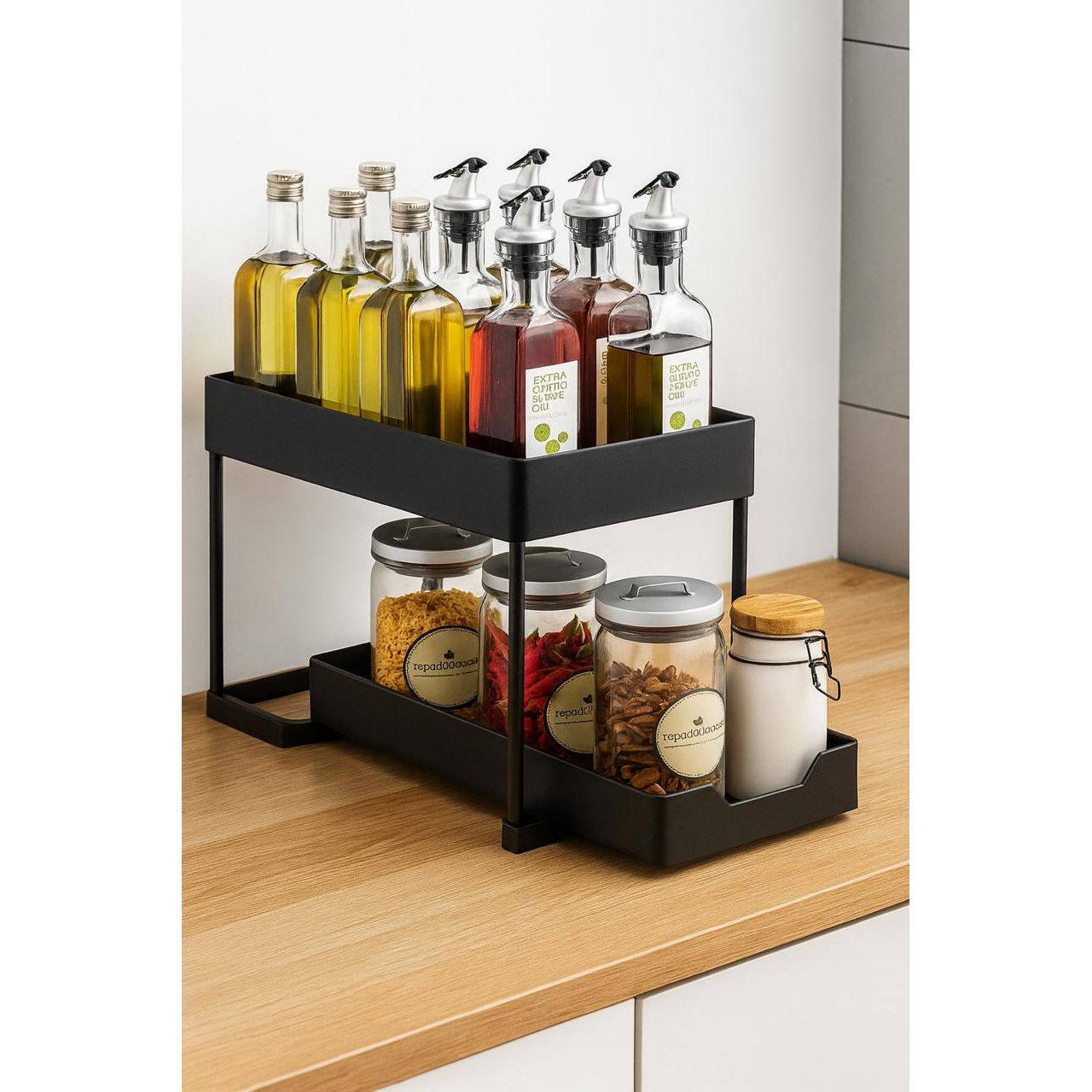 2-Tier Kitchen Counter Organizer Rack - Black Metal Storage Shelf
