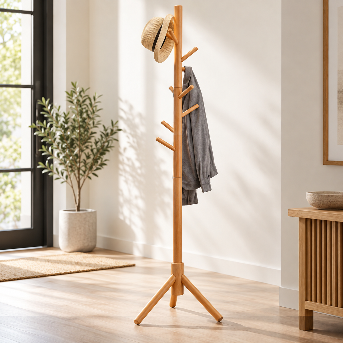 Wooden Tree-Style Coat Rack – Natural Wood Color